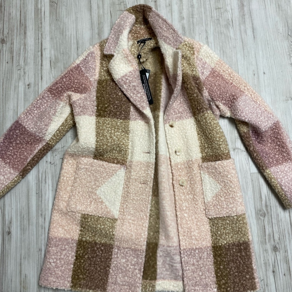 CHARLIE B Plaid Teddy Jacket in Pink and Brown